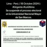 Suspenden elecciones en Universidad Nacional Mayor de San Marcos. Lima-Perú, 18 Oct 2024.F: "UNMSM".